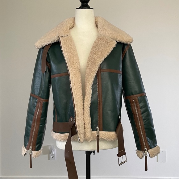 Bida Faux Shearling/Leather Green & Brown Bomber Jacket. Size M - Picture 3 of 16
